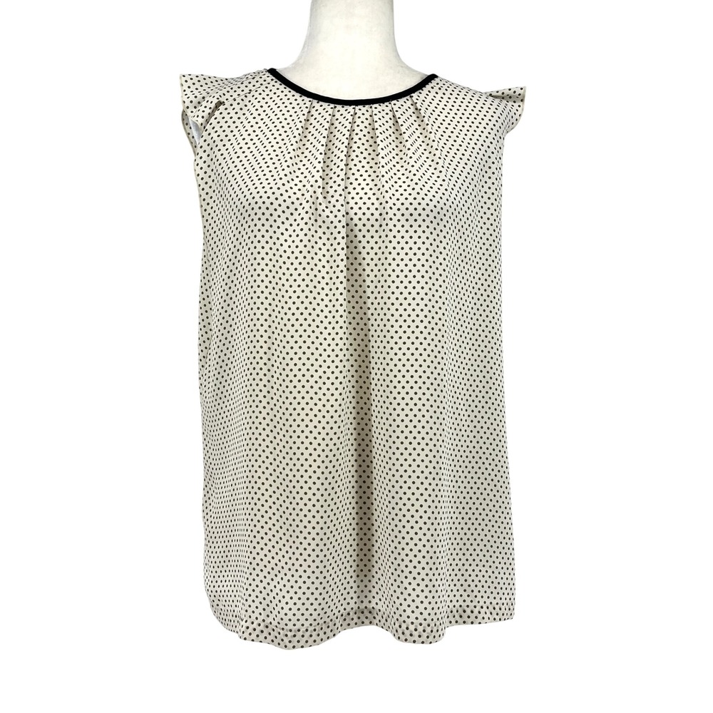 Loft Polka Dot Sleeveless Round Neck Ruffle Detail‎ Top Blouse Women L